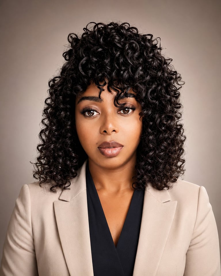 Professional headshot of a woman with voluminous black curly hair, wearing a beige blazer over a black top against a neutral background