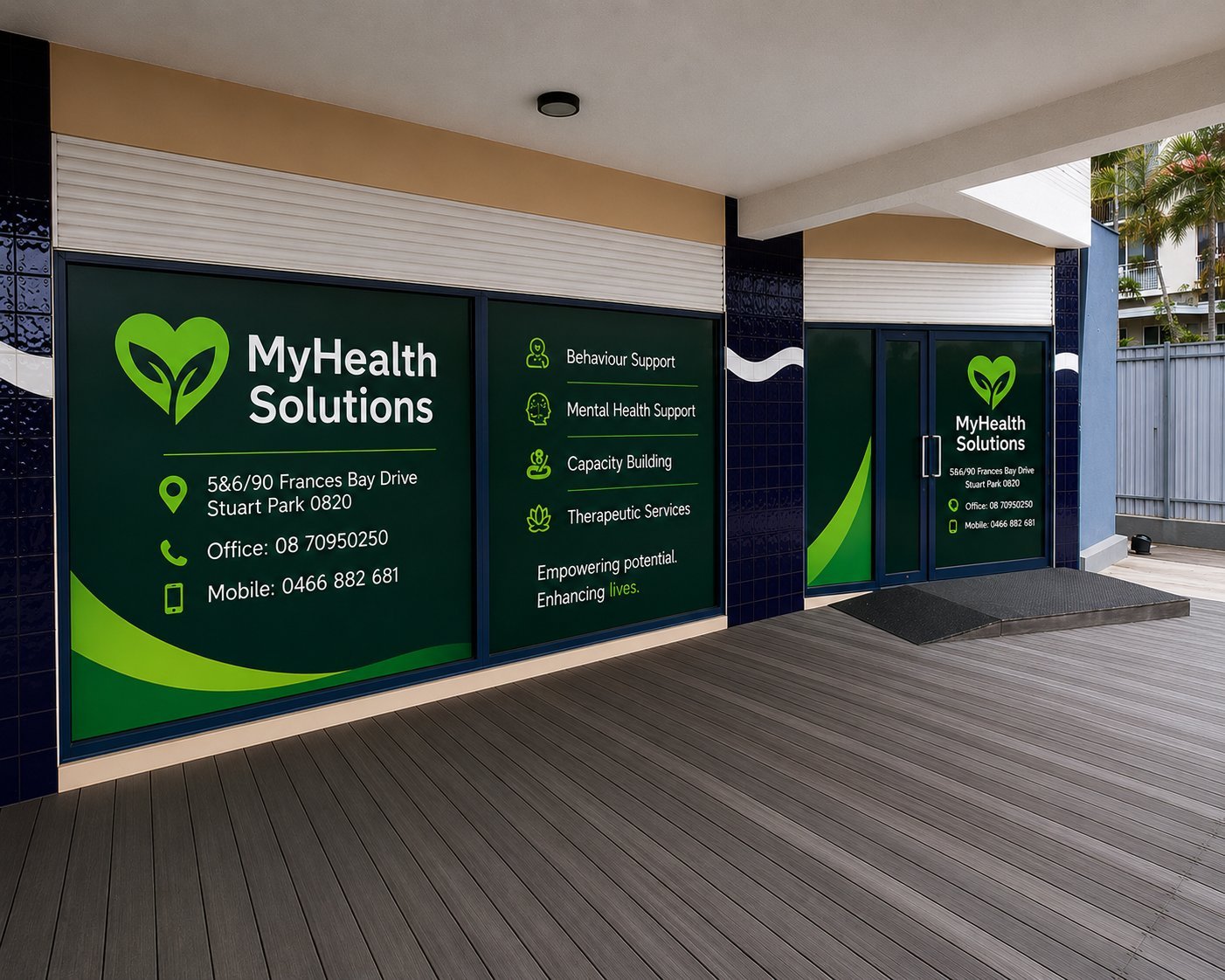MyHealth Solutions storefront with green and dark blue branding, displaying contact info and services on exterior wall signage