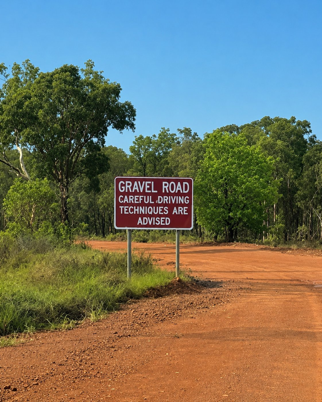 A red and white warning sign on a dirt gravel road surrounded by green trees, advising careful driving techniques