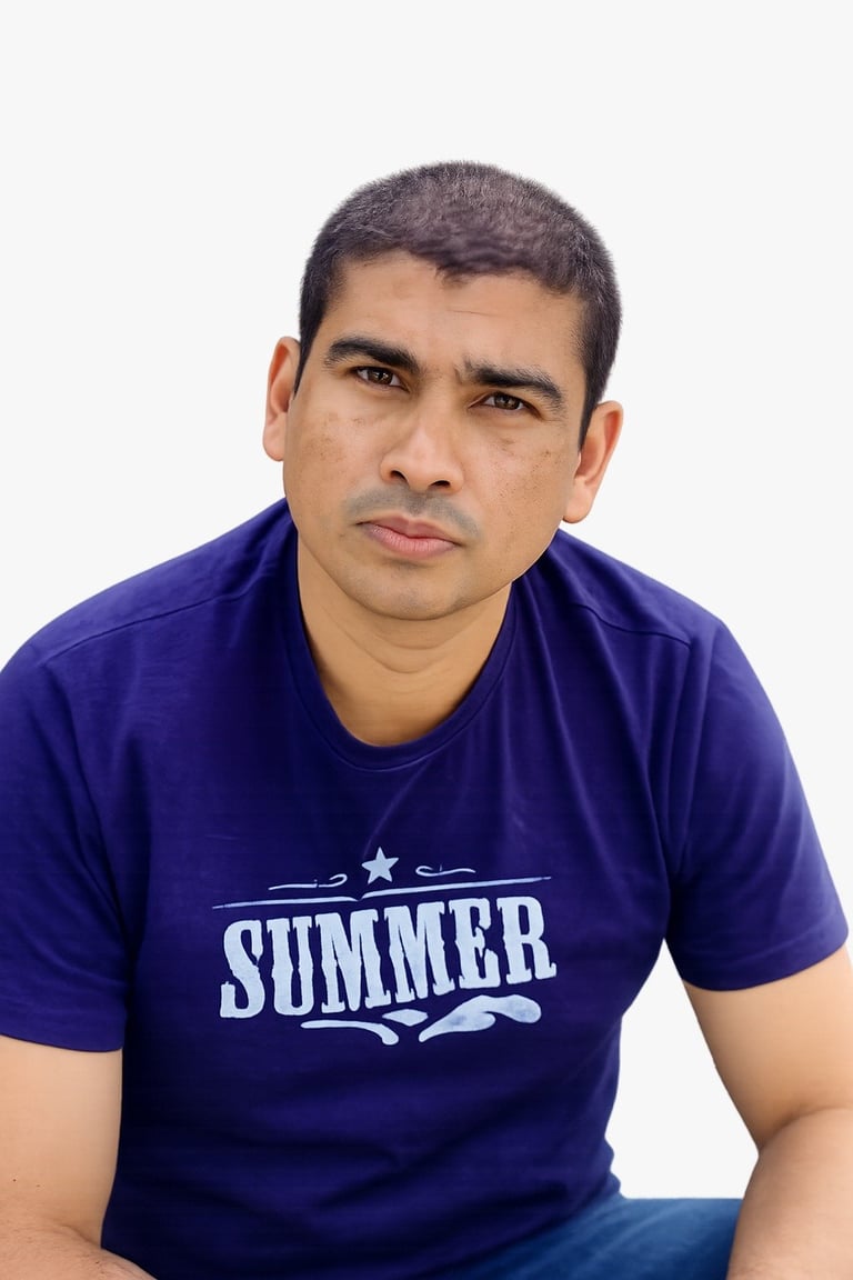 Portrait of a man wearing a navy blue Summer graphic t-shirt against a white background