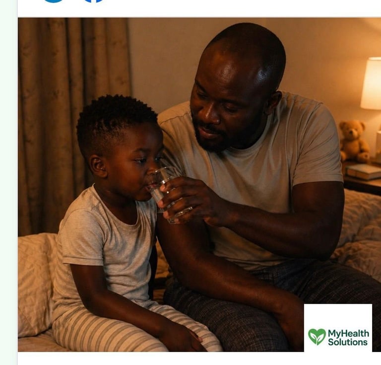 Adult man and young child sitting together on a bed in warm lighting, man holding childs hand in caring gesture